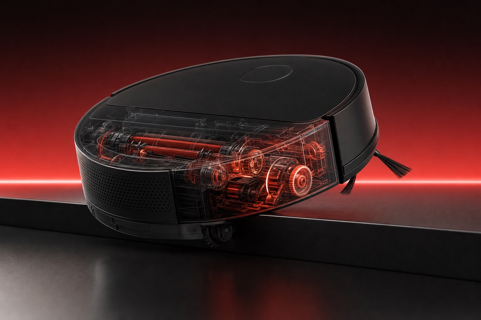 Studio render of a robotic vacuum with a translucent shell revealing its internal mechanism