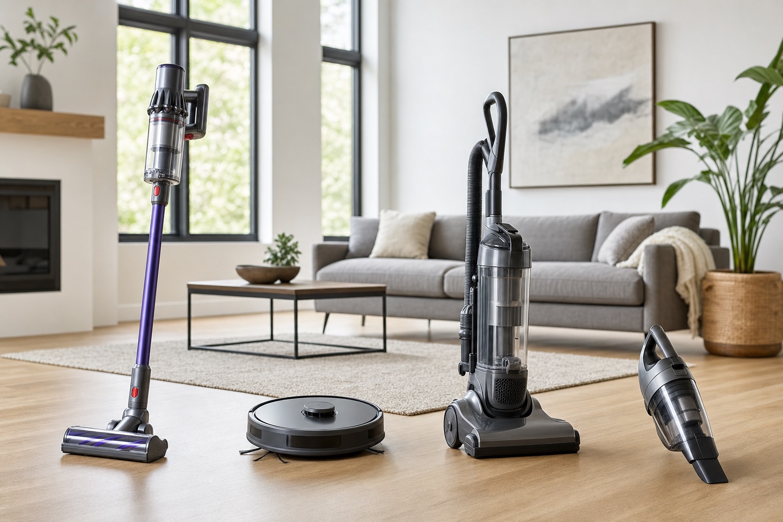 Lineup of vacuum types in a bright living room: stick, robot, upright and handheld