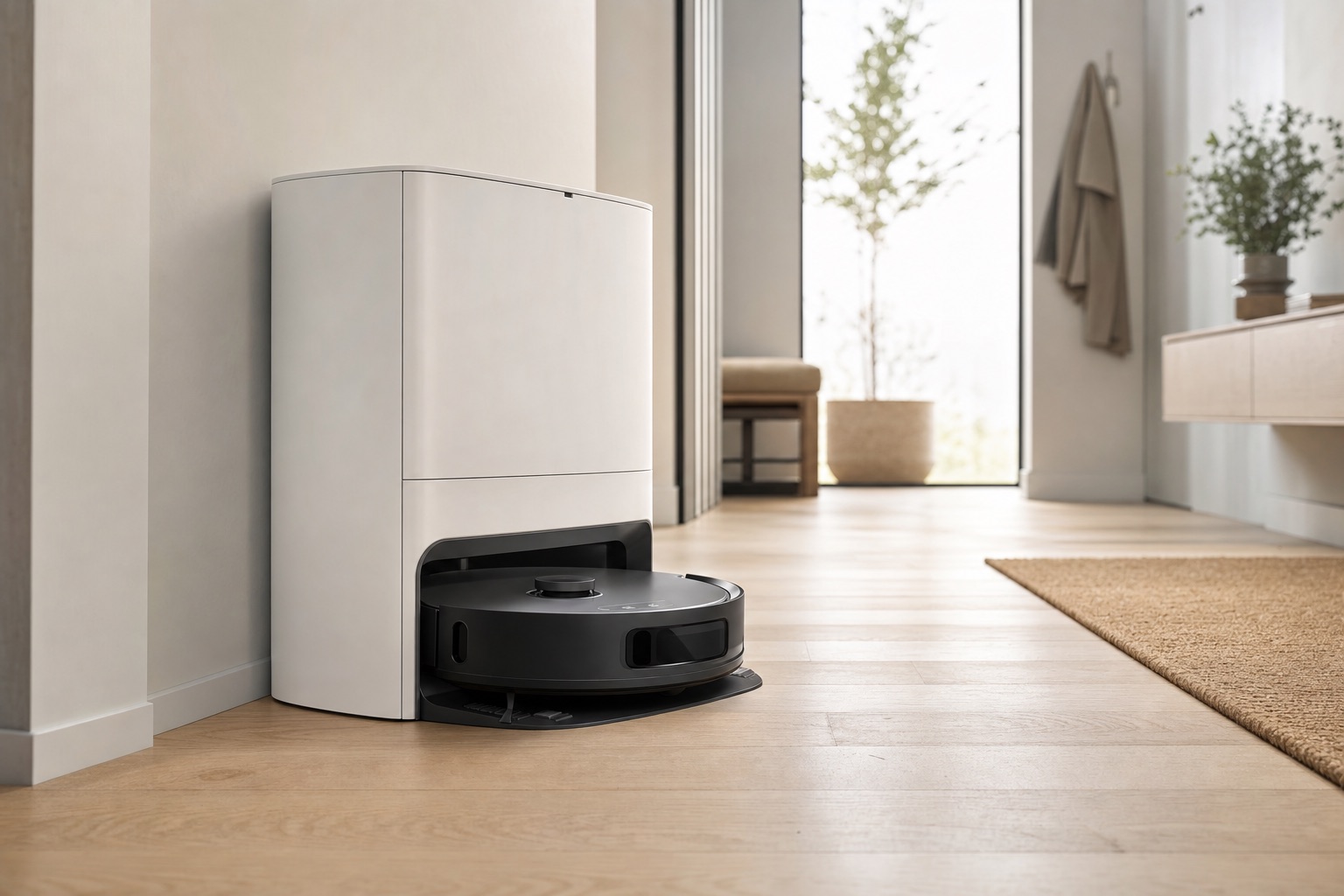 Robot vacuum parked at its base station in a bright modern hallway