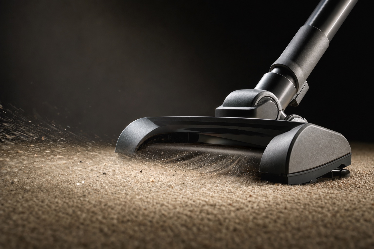 Vacuum floor head on carpet with a visible stream of dust drawn into the intake