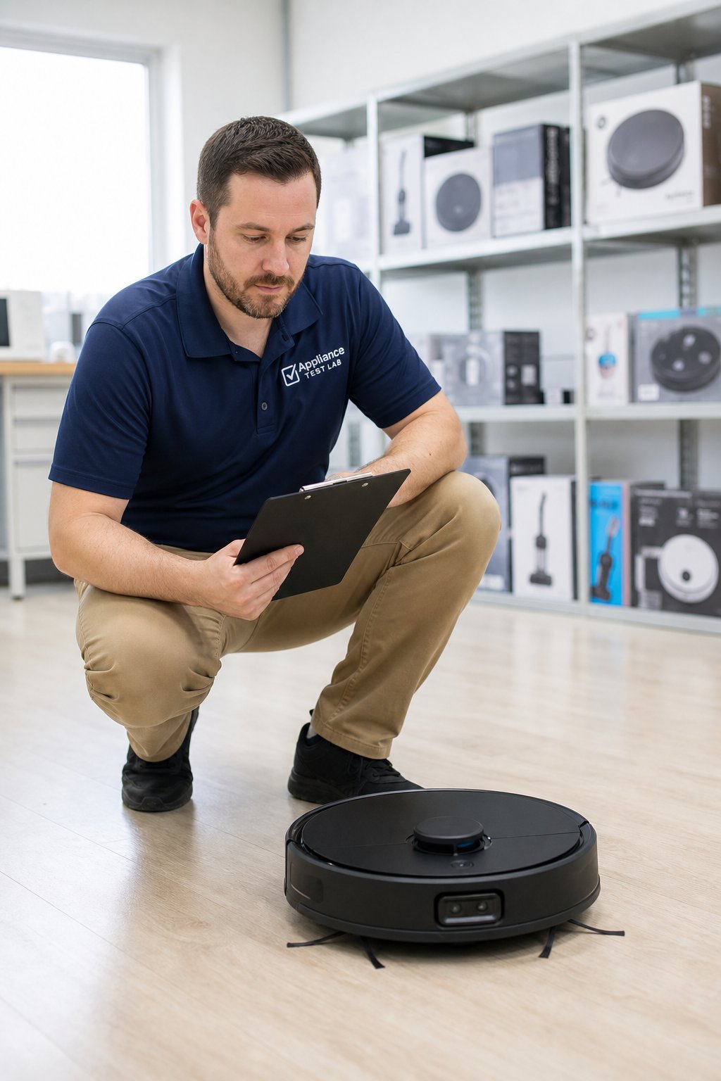 Illustration of a Vacuum Verified test technician examining a robot vacuum in our testing lab