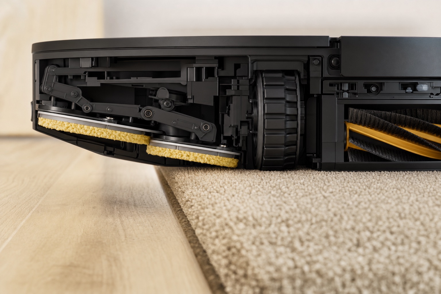 Cutaway render of a robot vacuum at a wood-to-carpet boundary with its yellow mop pads lifted on hinged linkage arms